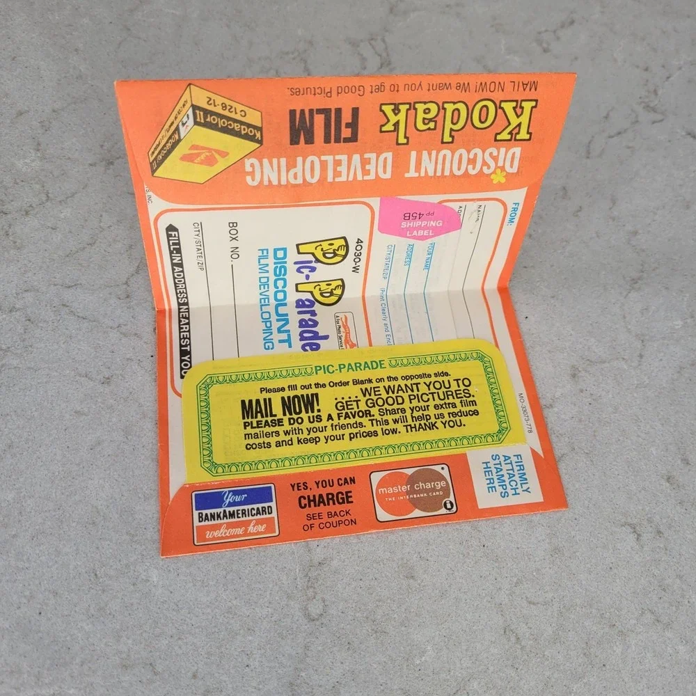 Kodak Ad Pic-Parade Photo Service Film Developing Envelope Kodacolor